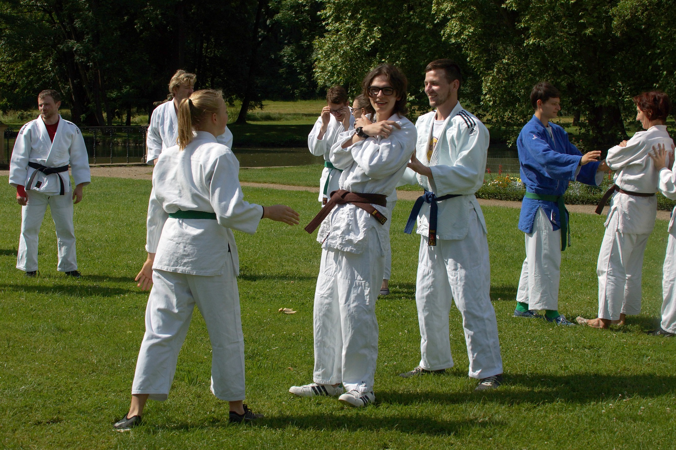 Bild: Mehrere Judokas, im Judoanzug stehen auf einer Wiese im Schlosspark. Mehrere dreier Teams führen eine Übung aus bei der, ein Judoka zwischen zwei anderen Judokas steht.