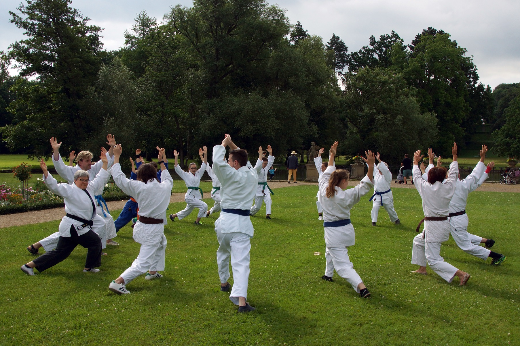 Bild: Einige Judokas machen auf einer Wiese im Schlosspark Dehn Übungen.