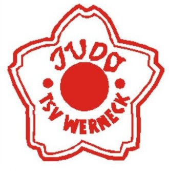 Das Logo von Judo Werneck, das aus eienr Fünf Blättrigen Blume besteht. In der Mitte der Blume ist ein Großer Punkt, um diesen Punkt steht, Judo, TSV Werneck.