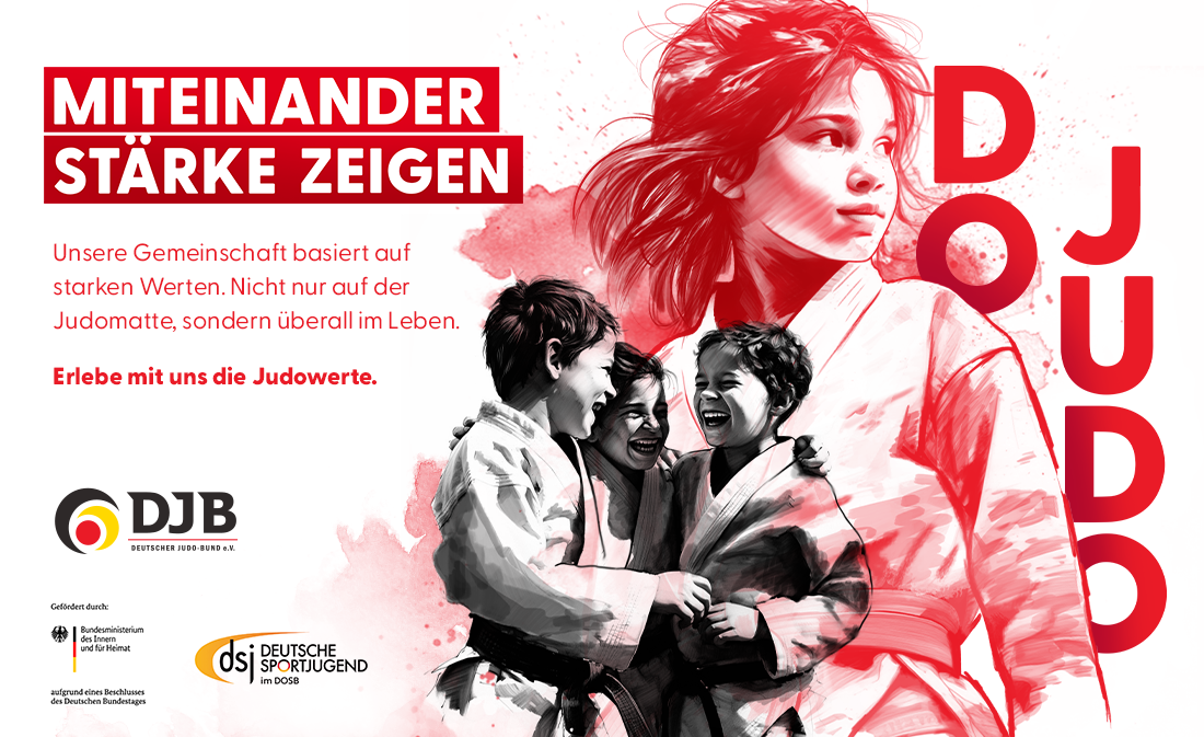 Bild: Do Judo. Miteinander Stärke zeigen. Unsere Geminschaft basiert auf Starken Werten. Nicht nur auf der Judomatte, sondern überall im Leben. Bild im hintergrund von dreiJungen Personen die sich umarman und sich anlächeln.